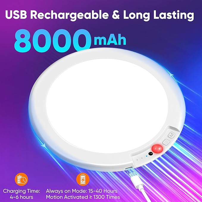 Rechargeable Motion Sensor Ceiling Light, Battery Closet Light 12 RGB Color | Wireless Battery Powered LED Shower Light, Magnetic Cordless Ceiling Light with Remote, Overhead Lamp for Pantry Shed, 2-Pack