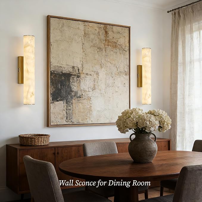 Alabaster Wall Sconce, 20in Linear Gold Brass Wall Sconces, Luxury Marble Look Bathroom Vanity Light, 3000K Dimmable Hardwired Wall Lamp for Living Room Bedroom Hallway, 1 Pack, Faux Alabaster