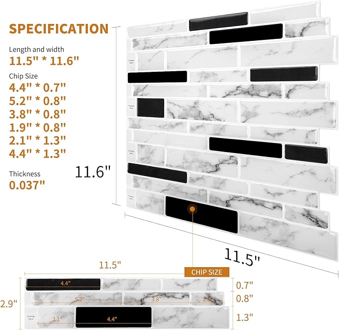 WOWSTAR 10-Sheet Peel and Stick Backsplash Tile for Kitchen Wall, Back Splash Stick On Tiles for Kitchen （12"x12", White Marble） | Peel and stick backsplash, self-adhesive wall tile, White Marble, waterproof, kitchen bathroom wall, 10-sheet, set B