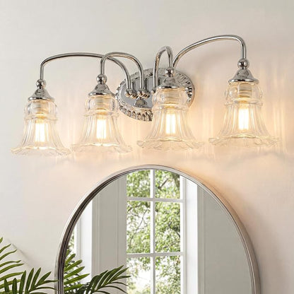 4-Light Vintage Bathroom Light Fixtures, Chrome | Vanity Lights Over Mirror with Floral Glass Shade for Bathroom Powder Room, Living Room Hallway