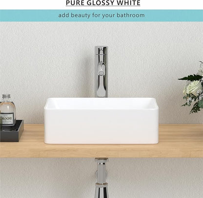 J-FAMILY 14.5'' x 10.6'' Small Vessel Sink Bathroom Above Counter White Porcelain Ceramic Rectangular Sink Bowl Small Vanity Sink Lavatory Wash Hand Basin