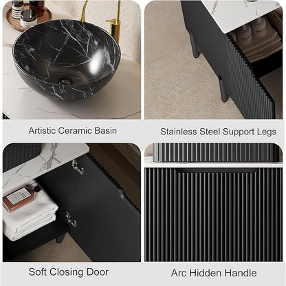 Ambrovina 60" Bathroom Vanity with Double Sink, Freestanding Bathroom Storage Cabinet with 4 Soft-Closing Doors, 2 Black Bowl Ceramic Basins and Carrara White Sintered Stone Countertop, Gloss Black