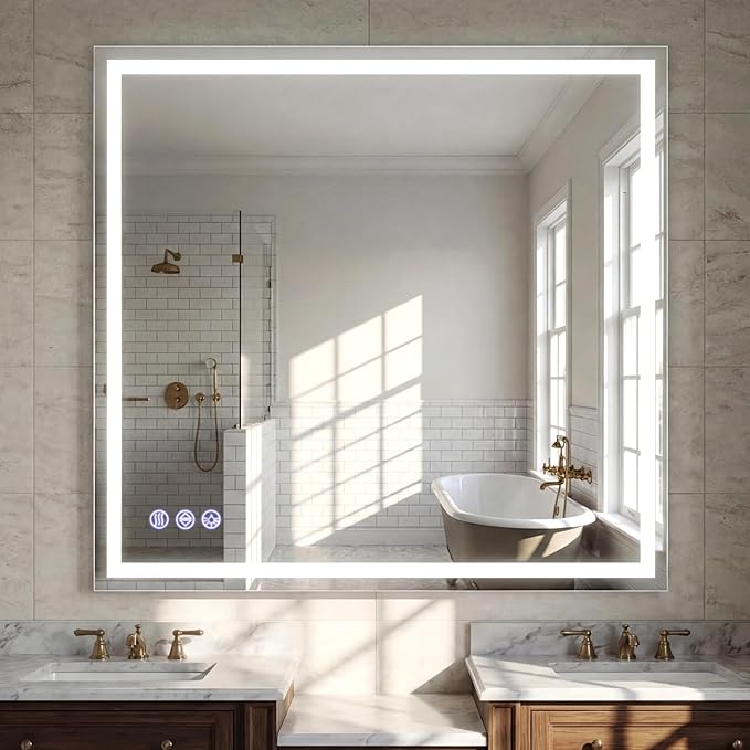 VooBang Bathroom Mirror with Lights 47 x 47 inches - 3 Adjustable Lighting Modes Square LED Bathroom Vanity Mirror, Anti-Fog, Memory Function, Tempered Glass, Wall Mounted Horizontally Vertically