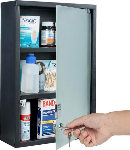 MyGift Black Bathroom Medicine Cabinet, Wall Mounted Metal Storage Cabinet with 3 Shelves, Locking Glass Door Keys