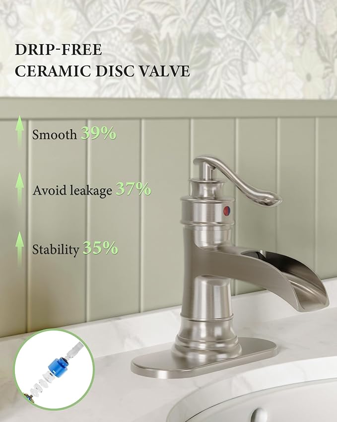 Homevacious Bathroom Faucet Brushed Nickel Waterfall Bathroom Sink Faucets with Single Handle Rustic Vanity Farmhouse RV Faucet Suitable for 1 or 3 Holes with Pop-up Drain Deck Plate Hose