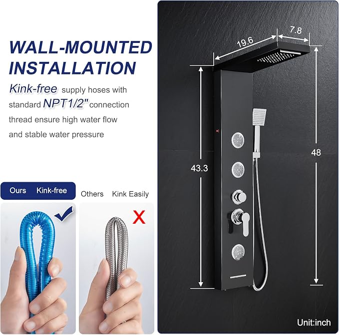 ROVATE 6 in 1 LED Rainfall Waterfall Shower Panel Tower System, Black | Stainless Steel Shower Column with Tub Spout, Rainfall Waterfall Shower Head, 2-Setting Massage Body Jets, Flexible Handheld