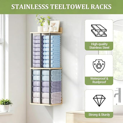 Large Capacity Three-Layer Towel Racks for Bathroom Wall Mounted, Updated 3 Bar Towel Holder for Bath Wall, Bath Towel Rack for Bathroom Wall, Metal Small Bathrooms Towel Storage Rack, Oak Color