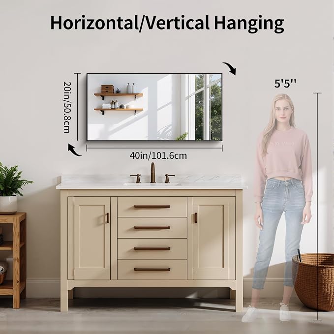 YIROMAN Bathroom Mirror 20"x40", Matte Black Bathroom Mirror for Over Sink with Aluminum Frame, Rectangular Vanity Mirror with Right Angles, Wall Mirror Hangs Horizontal or Vertical, Shatterproof