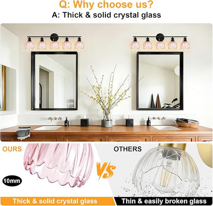 Bathroom Light Fixtures, 5-Light Brushed Black Vanity Lights for Bathroom with Pink Tulip Glass Shade, 30" Vintage Bathroom Vanity Lighting Fixtures Over Mirror for Bedroom Living Room Hallway