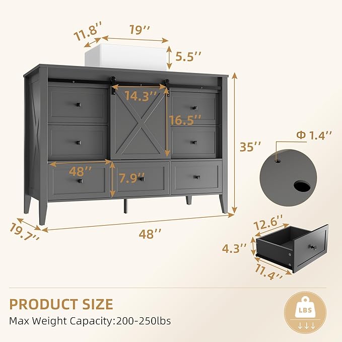 VNN Bathroom Vanity with Sink - 48 Inch Bathroom Vanity with Sink Ceramic, Freestanding Cabinet with Farmhouse Sliding Barn Door and 7 Drawers, Space-Saving Storage Cabinet, Grey