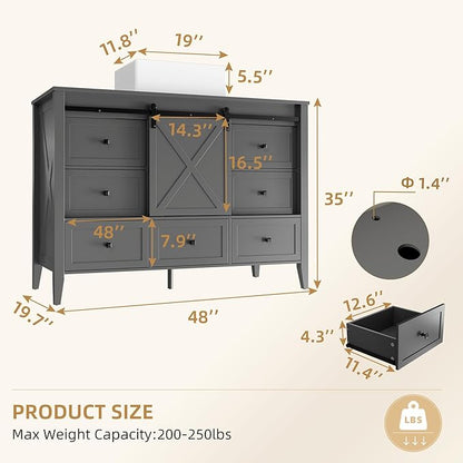 VNN Bathroom Vanity with Sink - 48 Inch Bathroom Vanity with Sink Ceramic, Freestanding Cabinet with Farmhouse Sliding Barn Door and 7 Drawers, Space-Saving Storage Cabinet, Grey