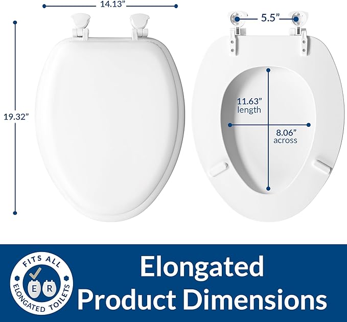 Mayfair Padded Toilet Seat, Cushioned Soft Vinyl over Wood Core Seat, Secure Hinges, Easy Clean, Made in USA, Elongated, White