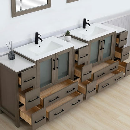 Vanity Art 96 Inch Under Mount Double Sink Bathroom Vanity Cabinet with 2 Mirrors, Ceramic Top Bathroom Cabinet Compact Set with 13 Dovetail Storage Drawers and Matte Black Handles, VA3030-96-DG
