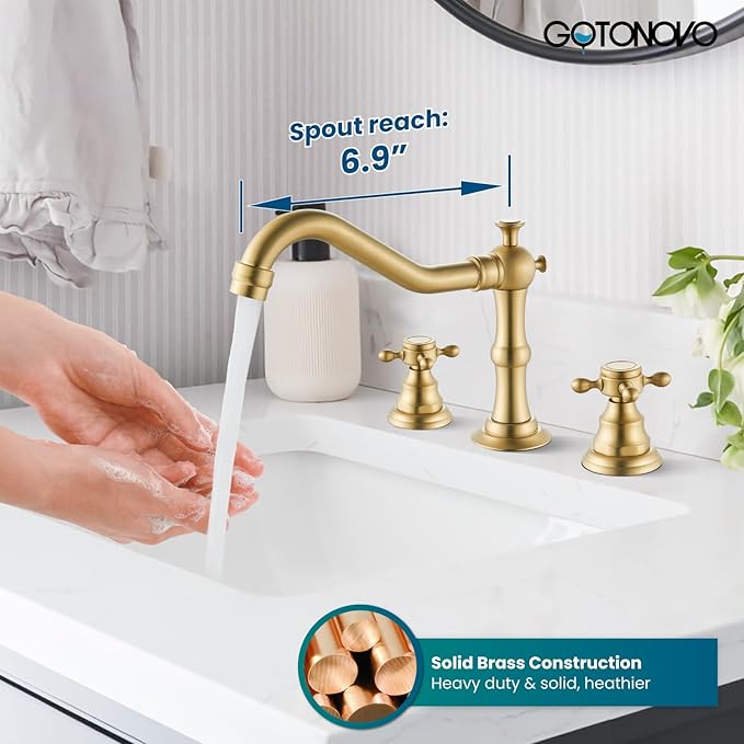 gotonovo 3 Hole Widespread Bathroom Sink Faucet Double Cross Handle Mixer Tap Faucet for Bathroom Sink Vanity Faucet Deck Mount Basin Hot Cold Water Matching Pop Up Drain Brushed Gold