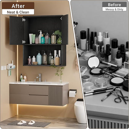 Fluted Bathroom Wall Cabinet Over the Toilet Storage,Wall Mounted Cabinet with Adjustable Shelf,Floating Cabinet Organizer Hanging Cabinet,Kitchen and Laundry Room Cabinets (Black, 1 PC)