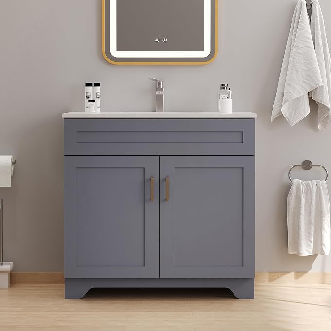 36 Inch Bathroom Vanity, Wooden Double Door Bathroom Storage Cabinet, Freestanding Modern Sink Cabinet Vanity Without Sink (Grey No Sink, 36")