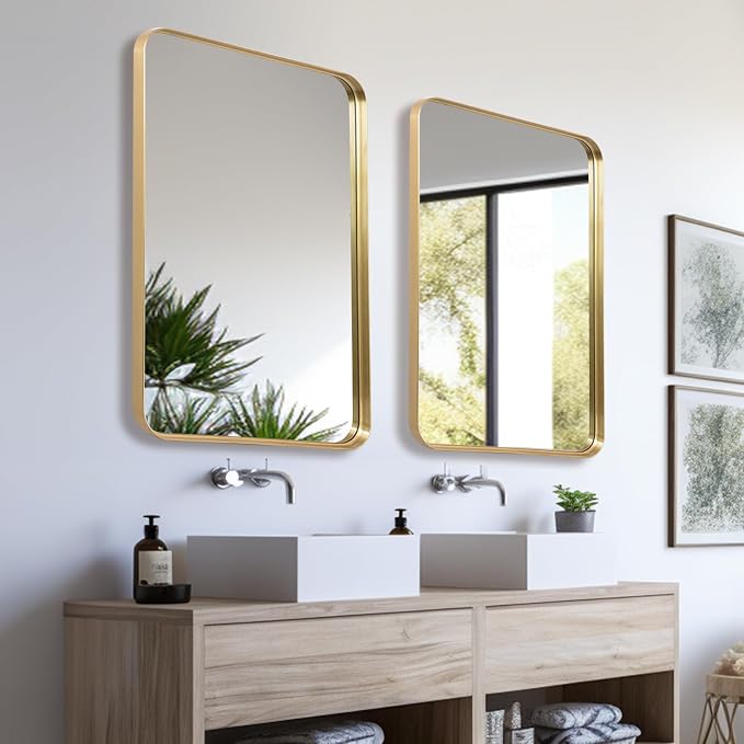 Anpark Wall Mirror 22" x 30" for Bathroom, Gold Metal Deep Frame, Rectangular Round Corner, Mounted Vanity Mirror for Bedroom, Living Room, Entryway Decor