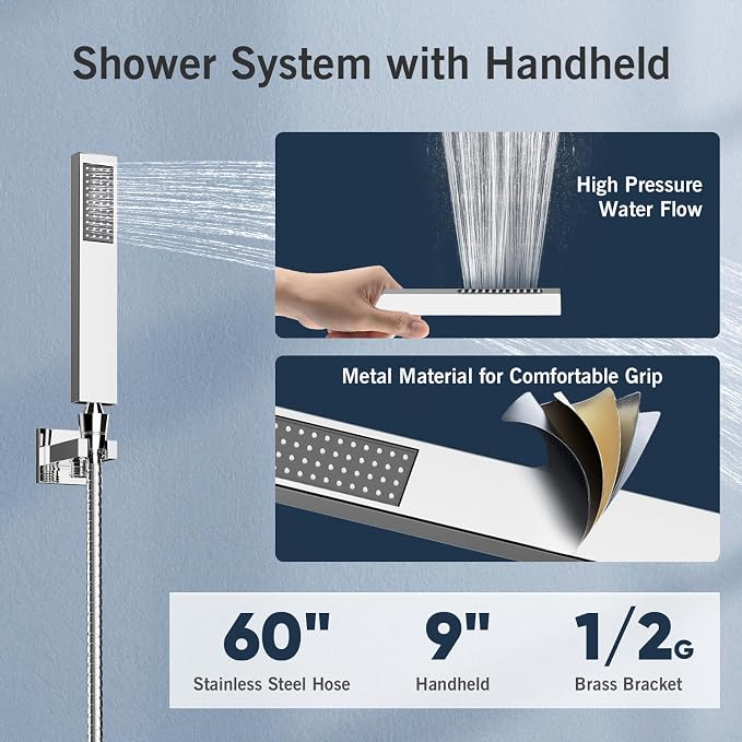 Full Body Shower System with Body Jets, Thermostatic Rain Waterfall Shower Head System, Luxury Ceiling Mount Multi Shower Head System with Handheld and Tub Spout, LED Music Overhead Shower