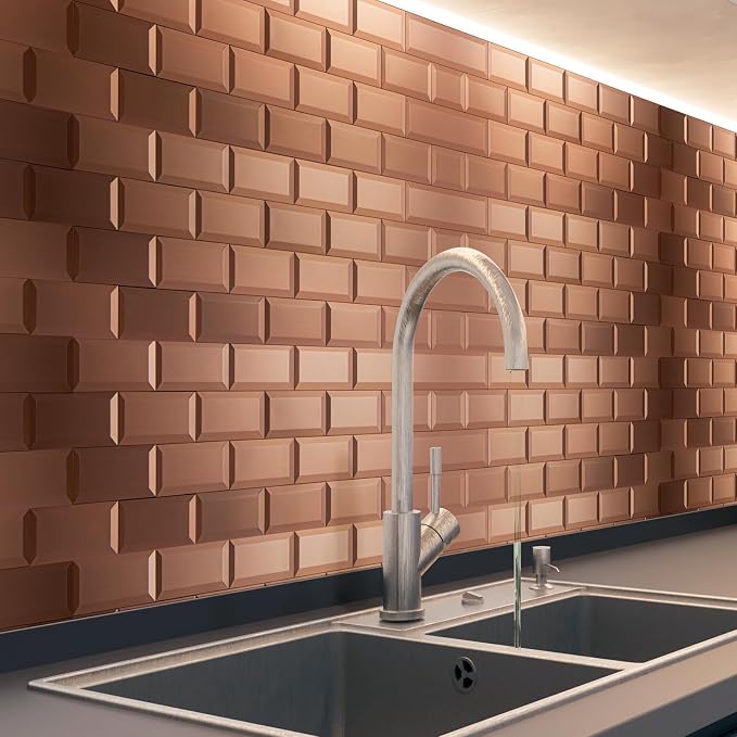 Art3d Peel and Stick Backsplash, Copper 3D Texture, 3 x 6 in, 100-Pack | Stainless Steel, Self Adhesive, Stainproof, Brushed Finish, Heat-Resistant, Ideal for Kitchen, Stove Zones
