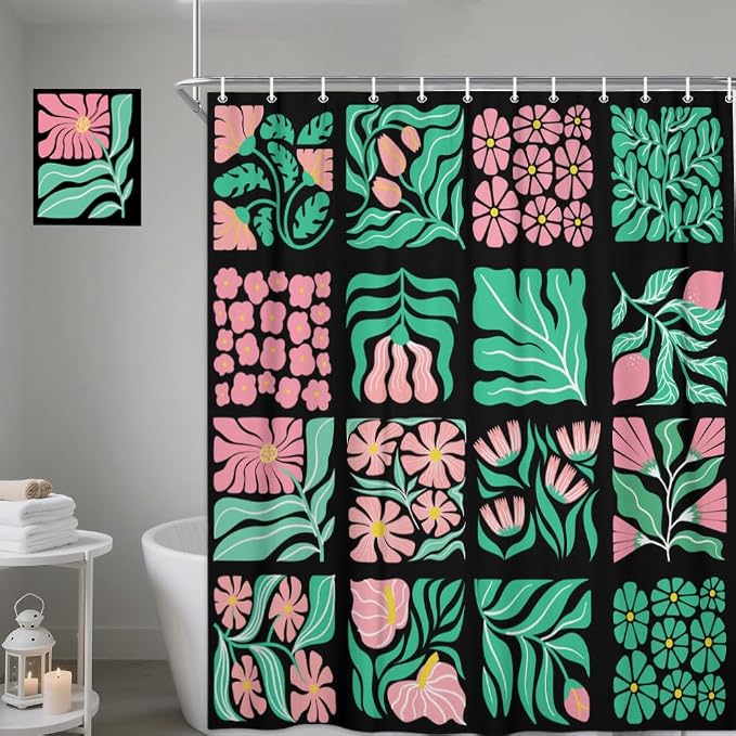 JAWO Pink Green Floral Shower Curtain for Bathroom, Retro Boho Floral Shower Curtains Decor for Women Girls, Vintage Botanical Geometric Groovy Aesthetic Pattern Shower Curtain Sets with Hooks70X70IN