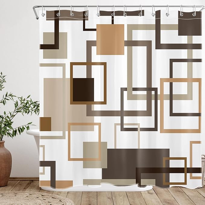 Brown Geometric Shower Curtain with Hooks, Tan Abstract Striped Shower Curtain for Bathroom Modern Minimalist Polyester Fabric Bathroom Curtains Shower Set, 72W x 72L inches