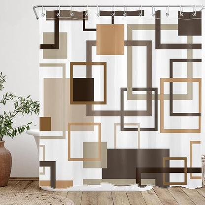 Tan Geometric Abstract Shower Curtain for Bathroom Decor, Brown Vintage Geometric Textured Shower Curtain Set Modern Minimalist Bathroom Curtains Hooks Included, 72W x 78L inches
