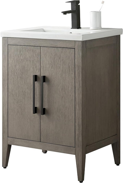 HomeBeyond 24 Inch Bathroom Vanity with Sink & Ceramic Top, Single Vanity Cabinet with Basin, Soft-Closing Doors & Matte Black Hardware, Driftwood Gray