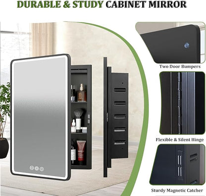 LED Medicine Cabinet Mirror for Bathroom 20x26 Inch, Recessed Medicine Cabinets with Lights, Anti-Fog Bathroom Mirror with Storage, Black Metal Frame, Adjustable Shelves, 3 Color Dimming