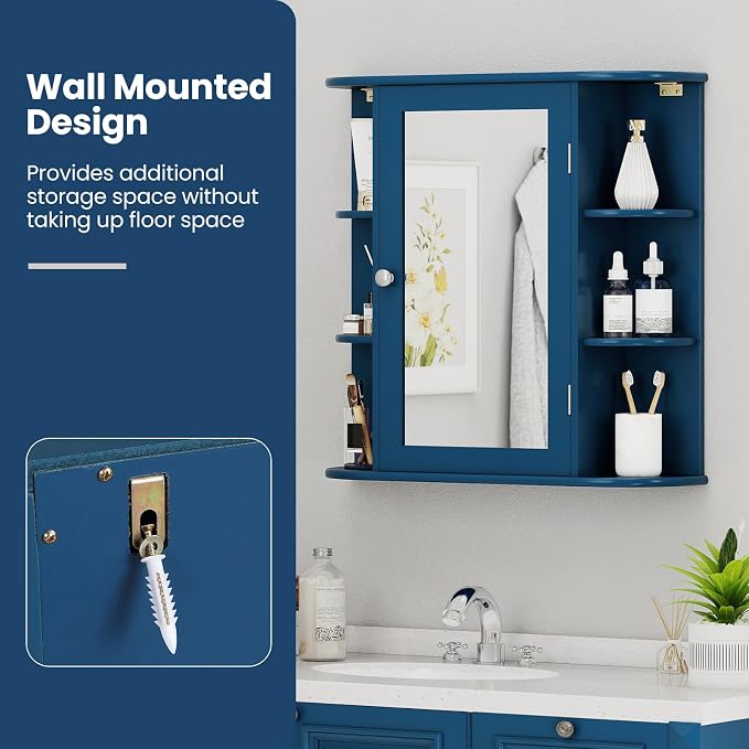 GIANTEX Bathroom Medicine Cabinet (Blue) | Wall Mounted Medicine Cabinet with Mirrored Door & 4 Interior Shelves, 6 Open Shelves, Space-saving Storage Cabinet
