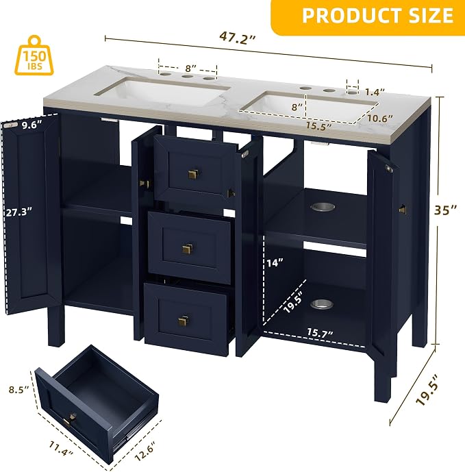 DWVO 47 Inch Bathroom Vanity with Double Sink | Bathroom Storage Cabinet