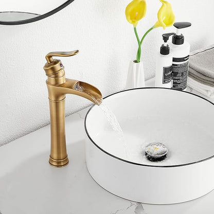 Antique Brass Waterfall Bathroom Faucet GGStudy Single Handle One Hole Farmhouse Bathroom Vessel Sink Faucet Matching with Pop Up Drain