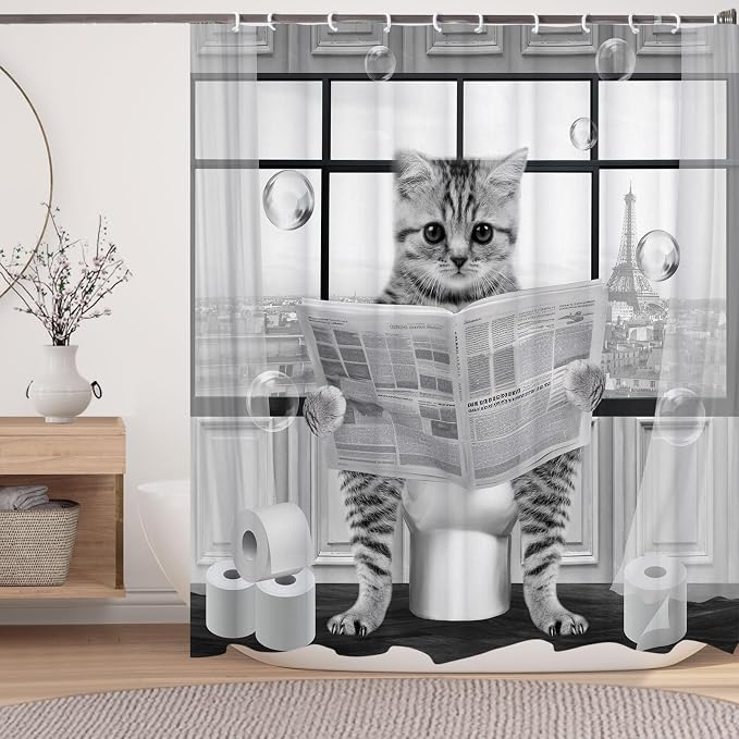Cute Cat Shower Curtain, Funny Cat Reading on Toilet Shower Curtain Set, Black White Grey Fabric Shower Curtains for Kids Bathroom with Hooks 72X72inches