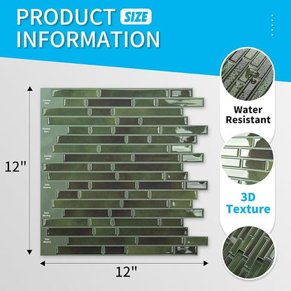 Art3d Peel and Stick Stone Design Wall Tile, 12 x 12 Inch, 10-Sheet, Green | Moisture Resistant, Strong Adhesive, Sturdy, Cleanable, Easy to Install, for Kitchen, Laundry Room, Ideal for New Home Buyers