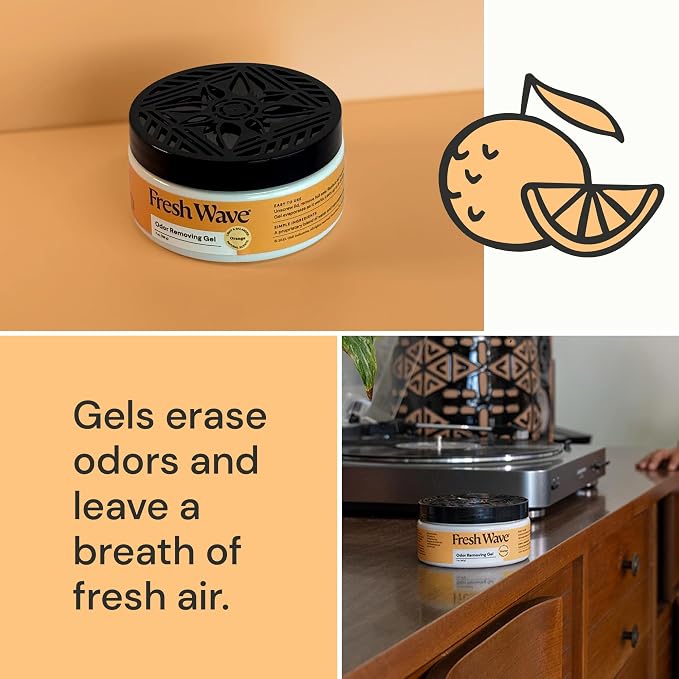 Fresh Wave Orange Odor Eliminator Gel 3-Pk 7 oz - Air Freshener for Home | Plant-based essential oils. Lasts 15-30 days per jar. No plug-in needed. Pet-safe, closet and bathroom deoderizer.