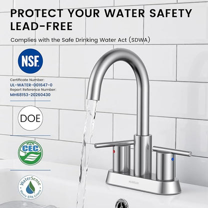 Bathroom Faucet 4 Inch Brushed Nickel 2 Handle Centerset Sink Faucet | Lead-free stainless steel, Nickel, 2-handle control, 4" 3-hole centerset, Pop-up drain & hoses included, Fits RV vanity
