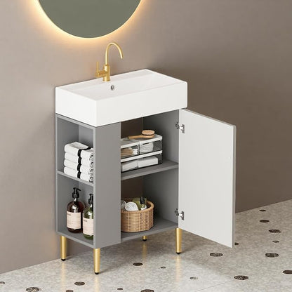 21.6" Freestanding Bathroom Vanity with Ceramic Sink, Matte Gray | Ceramic Sink, Wave-Pattern Door & Two-Layer Left Open Compartment, Bathroom Storage Cabinet, Easy Installation