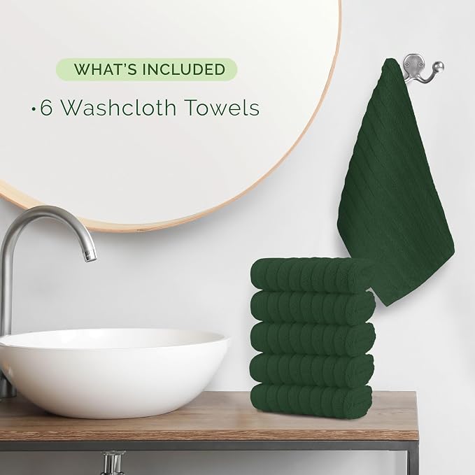 Elegant Comfort 100% Turkish Cotton Corduroy Ribbed Luxury Washcloths 6 Pack Soft 13 x 13 Inch - Higly Absorbent, Durable, Quick Dry, Spa Premium Hotel Quality for Bathroom or Travel, Hunter Green