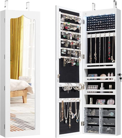 Hanging Jewellery Cabinet, Sail Cabinet with LED Lighting, Mirror and 6 Drawers, Wall Cabinet for Door and Wall Mounting, Jewellery Cabinet for Jewellery & Cosmetics Storage, White