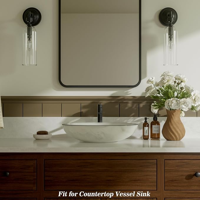 Matte Black one Hole Tall Bathroom Vessel Sink Faucet, Single Hole Single Handle Vanity Bathroom Faucet, with Pop Up Drain and Water Supply Line, FH02-MB-V
