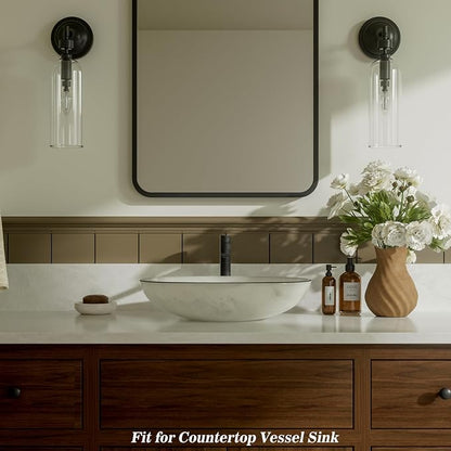 Matte Black one Hole Tall Bathroom Vessel Sink Faucet, Single Hole Single Handle Vanity Bathroom Faucet, with Pop Up Drain and Water Supply Line, FH02-MB-V