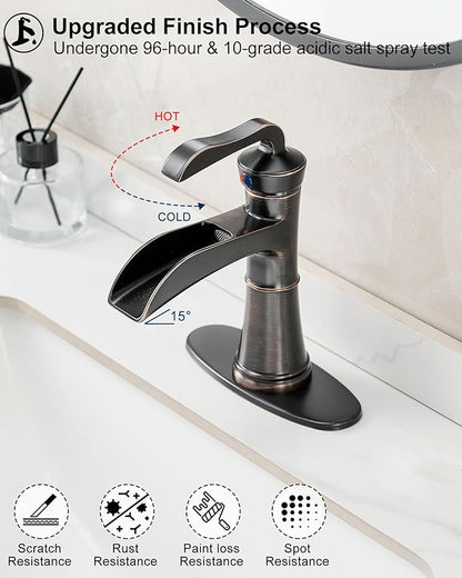 4 Inch Oil Rubbed Bronze Bathroom Faucet 1 Hole, Antique Brass Waterfall Faucet for Bathroom Sink, Single Handle Farmhouse Bathroom Faucets 3 Hole with Deck Plate, Supply Hoses & Pop-up Drain