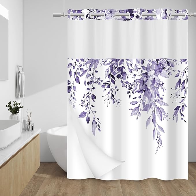 No Hook Floral Shower Curtain with Liner, Eucalyptus Purple, 71x74 | Snap in Liner, 3 in 1, Water Repellent, Easy Install, Machine Washable, Hotel Style for Bathroom, Watercolor Pattern