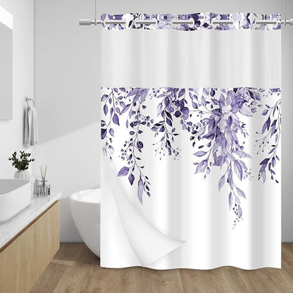 No Hook Floral Shower Curtain with Liner, Eucalyptus Purple, 71x74 | Snap in Liner, 3 in 1, Water Repellent, Easy Install, Machine Washable, Hotel Style for Bathroom, Watercolor Pattern