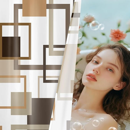 Abstract Geometric Brown Shower Curtain for Bathroom, Tan Vintage Striped Square Shower Curtain Modern Minimalist Polyester Fabric Bathroom Decor Curtains, 60W x 72L inches Including Hooks