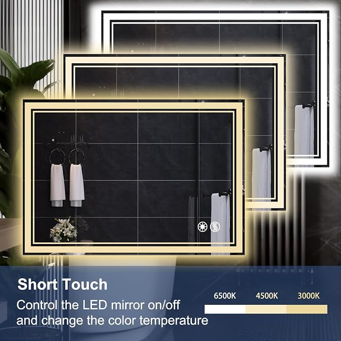 40“ x 32” Bathroom Mirror with Lights LED Mirror for Bathroom Anti-Fog Dimmable 3 Colors Memory Function Vanity Smart Mirror Home Decor Wall Mounted Horizontal/Vertical