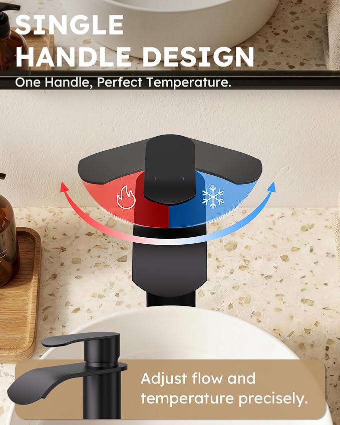 Vessel Sink Faucet Black for Bathroom：WOWOW Single Handle Tall Bathroom Faucet - Waterfall Single Hole Mixer Bar Tap with Large Rectangular Spout, Deck Mount Lavatory Vanity with Pop Up Drain