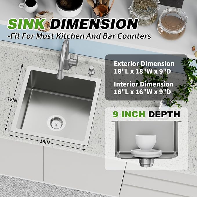 18x18 In Undermount Kitchen And Bar Sink- Stainless Steel Single Bowl Kitchen Sink Modern Drop In Bar Sink With Silicon Mat,Drain Strainer Set Compatibility With Various Kitchen & Bar Style