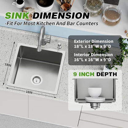 18x18 In Undermount Kitchen And Bar Sink- Stainless Steel Single Bowl Kitchen Sink Modern Drop In Bar Sink With Silicon Mat,Drain Strainer Set Compatibility With Various Kitchen & Bar Style