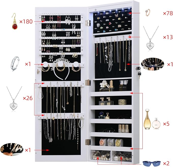 LED Jewelry Cabinet Armoire Organizer,Wall/Door Mount Jewelry Organizer and Storage with Full-Length Mirror Hanging Jewelry Organizer Full Length Mirror with Storage Large Capacity White