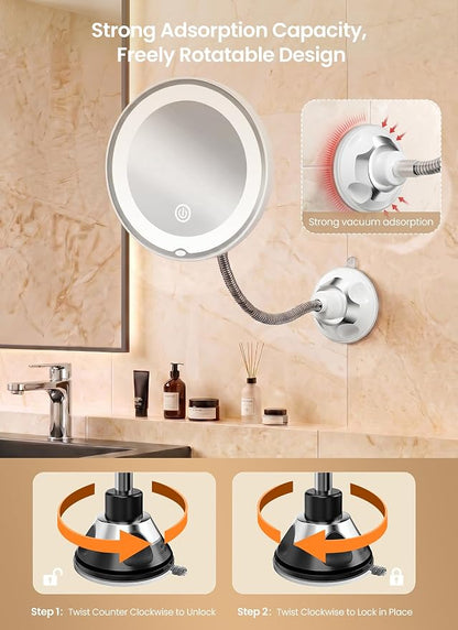 10x Makeup Mirror with Lights, Magnifying Mirror 3 Light Modes Silver | Wall-Mounted Lighted Vanity Makeup Mirror, Cordless Battery Operated LED Mirror with Suction Cups for Shower Bathroom